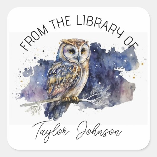 ブック蔵書票星空の夜空フクロウ スクエアシール (正面)