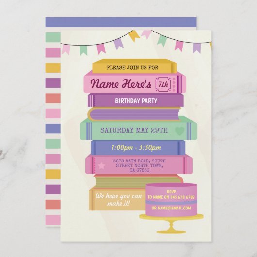 ブック誕生日招待状ズピ読ンクケーキ 招待状 (正面/裏面)