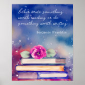 ブック&ピンクフラワーウォーター色スクリプトカスタム引用文 ポスター (正面)