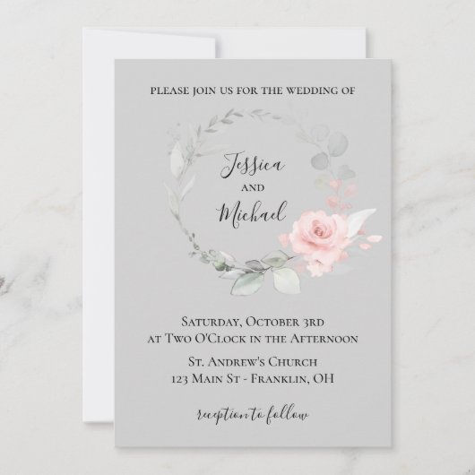 ブッシュとグレーの結婚式招待状 - ローズの花輪 招待状 (正面)