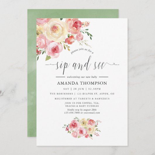 ブッシュとセージグリーンの花のシップアンドシービー 招待状 (正面/裏面)