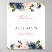 ブッシュとネイビーの花のウェルカムサイン 花嫁のシャワー ポスター (正面)