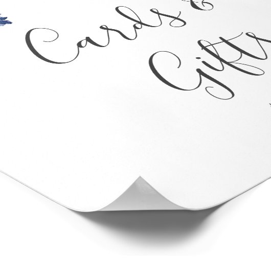 ブッシュとネイビーの花の白いカードとギフトのサイン ポスター (角)