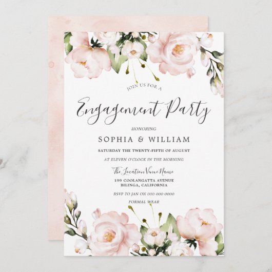 ブッシュウォーターカラーの花の結婚式エンゲージメントパーティー 招待状 (正面/裏面)