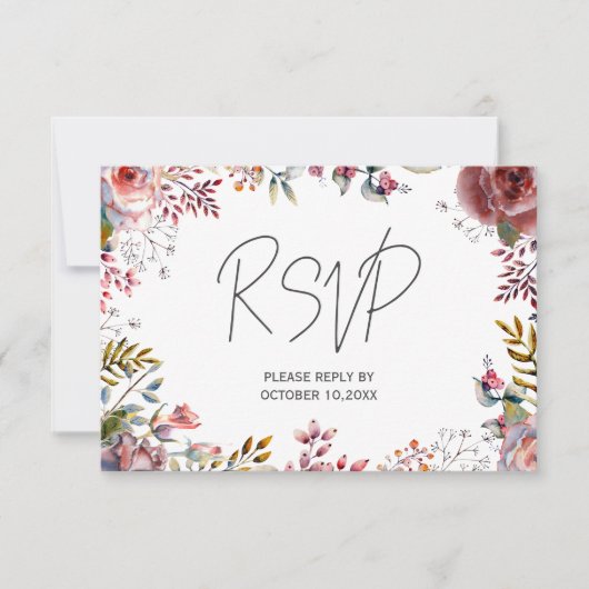 ブッシュウォーターカラーフラワーボーダー結婚式 出欠カード (正面)