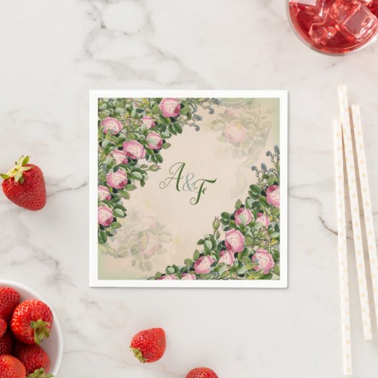 ブッシュガーデングリーン – ソフトピンクのバラのナプキンス スタンダードカクテルナプキン (インサイチュ)