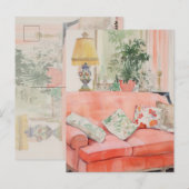 ブッシュコンフォート - 水彩ピンクのソファ リビングルーム ポストカード (正面/裏面)