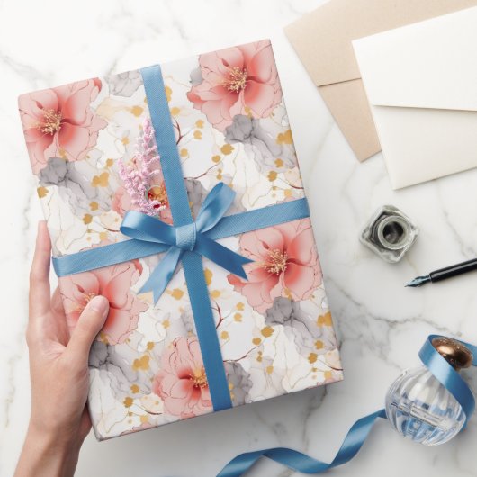 ブッシュコーラルグレー花柄ウェディング ラッピングペーパー (ギフト)