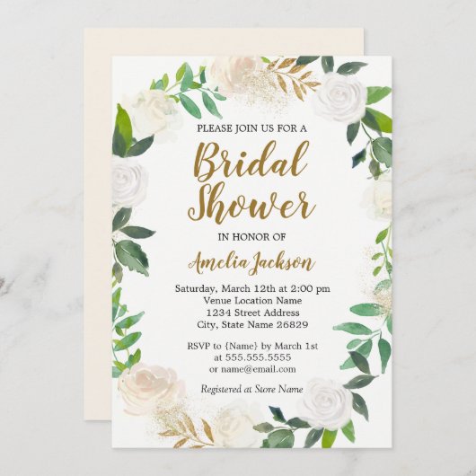 ブッシュゴールドの水彩花輪 ブライダルシャワー 招待状 (正面/裏面)