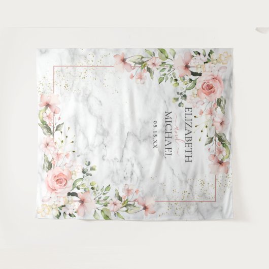 ブッシュゴールドグリーンシャビーピンク花のウェディング タペストリー (正面(横))