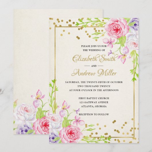 ブッシュゴールド フラワー モダンゴールドフレーム 結婚式招待状 招待状 (正面/裏面)