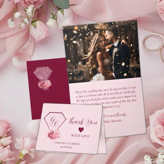 ブッシュピンクとクリムゾンレッドのウェディング サンキューカード