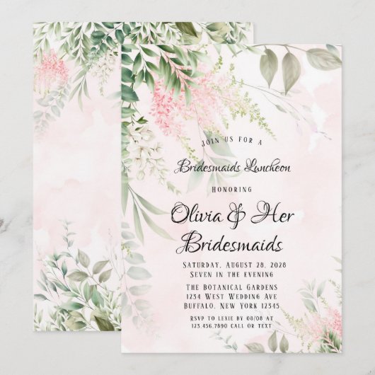 ブッシュピンクとグリーンの葉のブライズメイドのランチ 招待状 (正面/裏面)