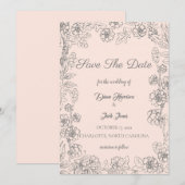ブッシュピンクとグレーの結婚式のSave the Date 招待状 (正面/裏面)