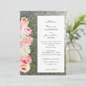 ブッシュピンクとグレーの花とシルバーのグリッターが付いたウェディング 招待状 (スタンド正面)