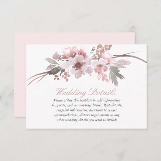 ブッシュピンクとグレーの花の結婚式の披露宴の詳細 招待状 (正面/裏面)