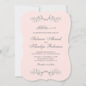 ブッシュピンクとグレーの葉の枝 ムスリム ウェディング 招待状 (正面)