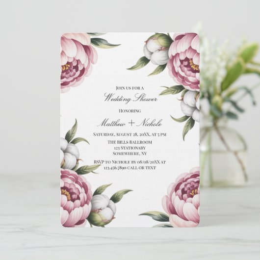 ブッシュピンクとコットンのウェディングシャワー 招待状 (スタンド正面)