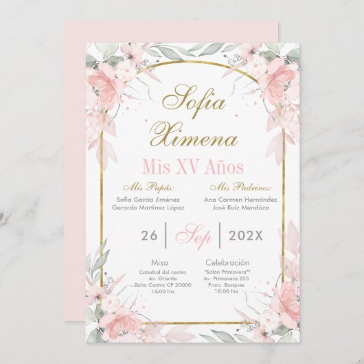 ブッシュピンクとゴールドのアーチ クイーンセニョーラ 招待状 (正面/裏面)