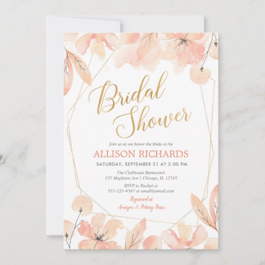 ブッシュピンクとゴールドのガーデンボタニカル ブライダルシャワー 招待状 (正面)