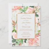 ブッシュピンクとゴールドの水彩花柄のウェディングカード 招待状 (正面)