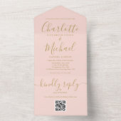 ブッシュピンクとゴールドのQRコードミニマルウェディング オールインワン招待状 (内側)