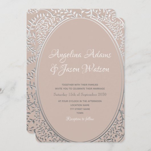 ブッシュピンクとシルバーのエレガントな結婚式の招待状 招待状 (正面/裏面)