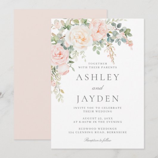 ブッシュピンクとセイジグリーンの花柄ウェディング 招待状 (正面/裏面)