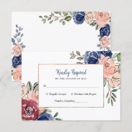 ブッシュピンクとネイビーの幾何学的な花模様 | 結婚式 招待状