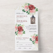 ブッシュピンクとバーガンディの花のランタンウェディング オールインワン招待状 (内側)