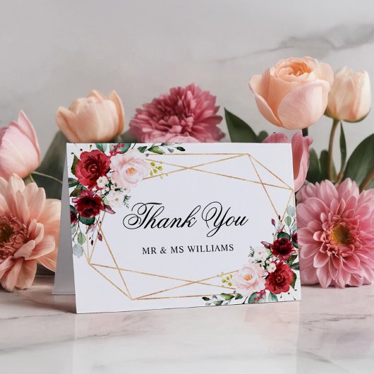 ブッシュピンクとバーガンディローズのウェディングサンキューレター サンキューカード