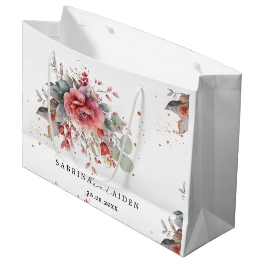 ブッシュピンクとピーチ、ダスティーブルーのウェディング ラージペーパーバッグ (正面アングル)