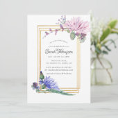 ブッシュピンクとブルーの幾何学的な花のデザインの結婚式前お披露目パーティー 招待状 (スタンド正面)