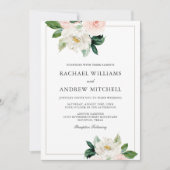 ブッシュピンクとホワイトのエレガントなフラワーの結婚式 招待状 (正面)