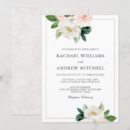 ブッシュピンクとホワイトのエレガントなフラワーの結婚式 招待状