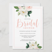 ブッシュピンクとホワイトのフェミニンな花のデザインの結婚前お茶会 招待状 (正面)
