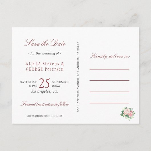 ブッシュピンクとレッドの芍薬のローズがおしゃれなウェディング 案内ポストカード (裏面)