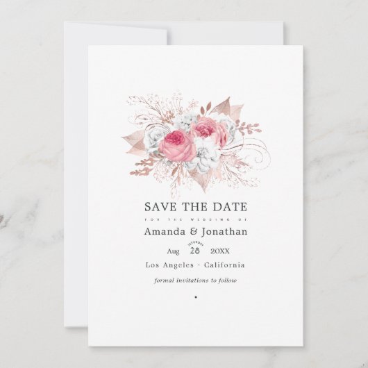 ブッシュピンクとローズゴールドの花とレースのウェディング セーブザデート (正面)