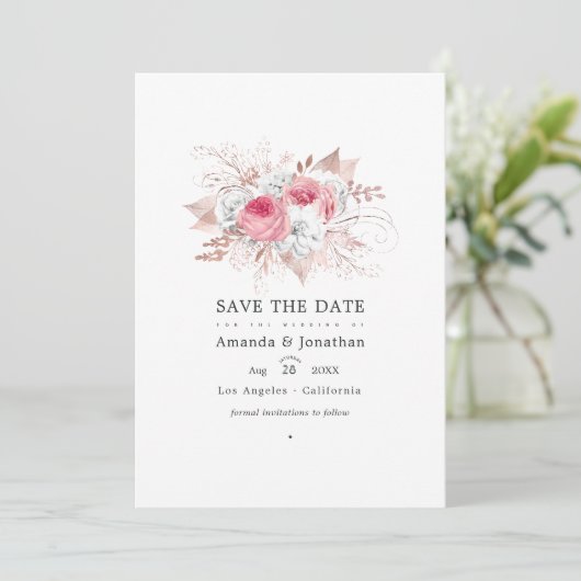 ブッシュピンクとローズゴールドの花とレースのウェディング セーブザデート (スタンド正面)
