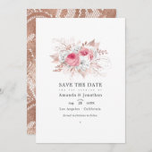ブッシュピンクとローズゴールドの花とレースのウェディング セーブザデート (正面/裏面)