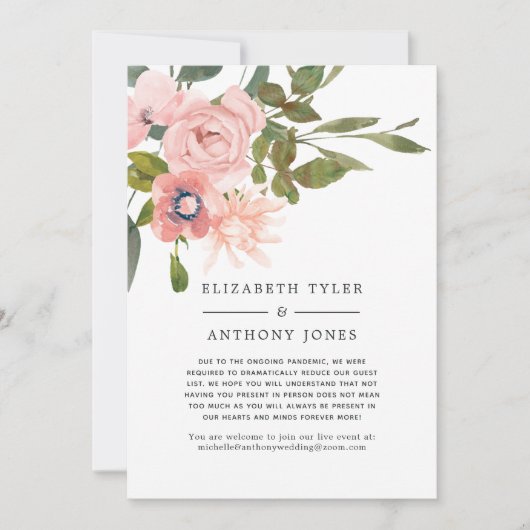 ブッシュピンクとローズゴールドの花のデザイン　ゲストリストを縮小して 案内状 (正面)