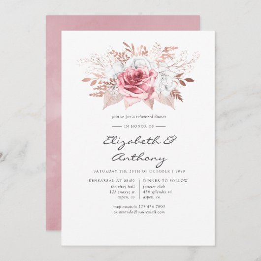 ブッシュピンクとローズゴールドの花のハートフルディナー 招待状 (正面/裏面)