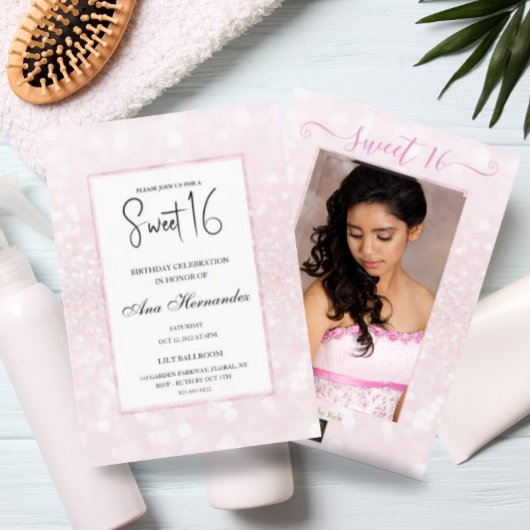 ブッシュピンクのグリッターが上品なエレガントなスイート16 招待状