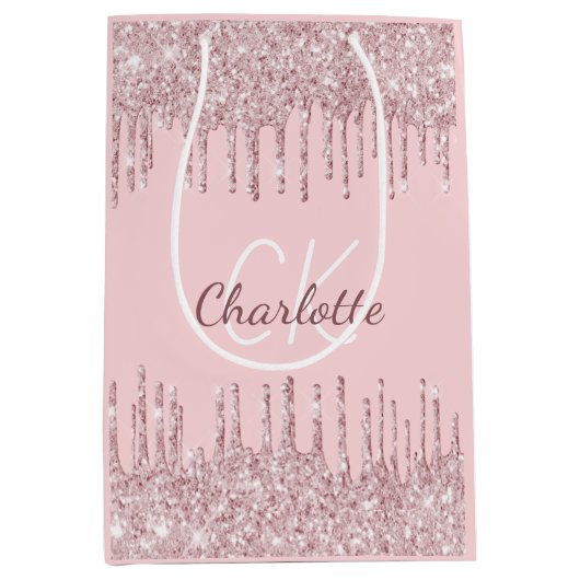 ブッシュピンクのグリッターが垂れるモノグラムスクリプトラグジュアリー ミディアムペーパーバッグ (正面)