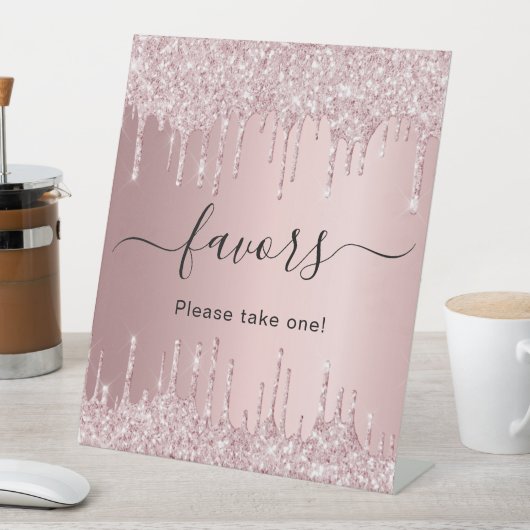 ブッシュピンクのグリッター垂れの パーティーフェイバー 台座サイン (インサイチュ)