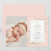 ブッシュピンクのグリーン 洗礼 誕生写真 招待状 (正面/裏面)