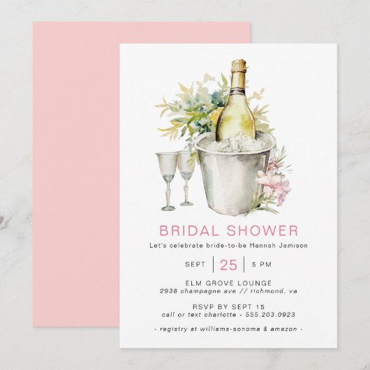 ブッシュピンクのシャンパン | かわいい カジュアルな結婚前お祝いパーティー 招待状 (正面/裏面)