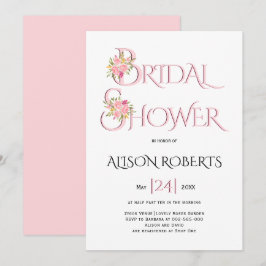 ブッシュピンクのタイポグラフィー、ピンクのバラのブライダルシャワー 招待状