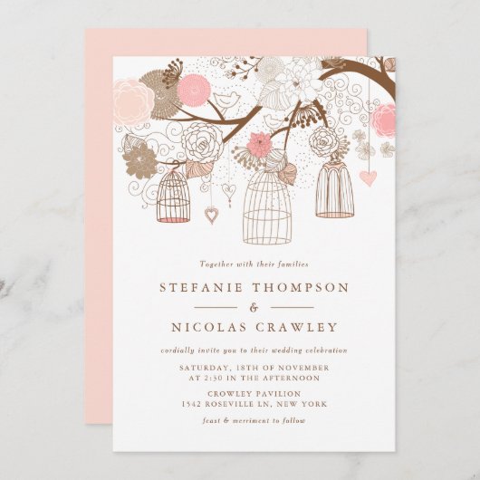 ブッシュピンクのハンギングバードケージウェディング 招待状 (正面/裏面)