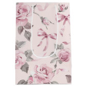 ブッシュピンクのバラとリボンの花のブライズシャワー ミディアムペーパーバッグ (裏面)